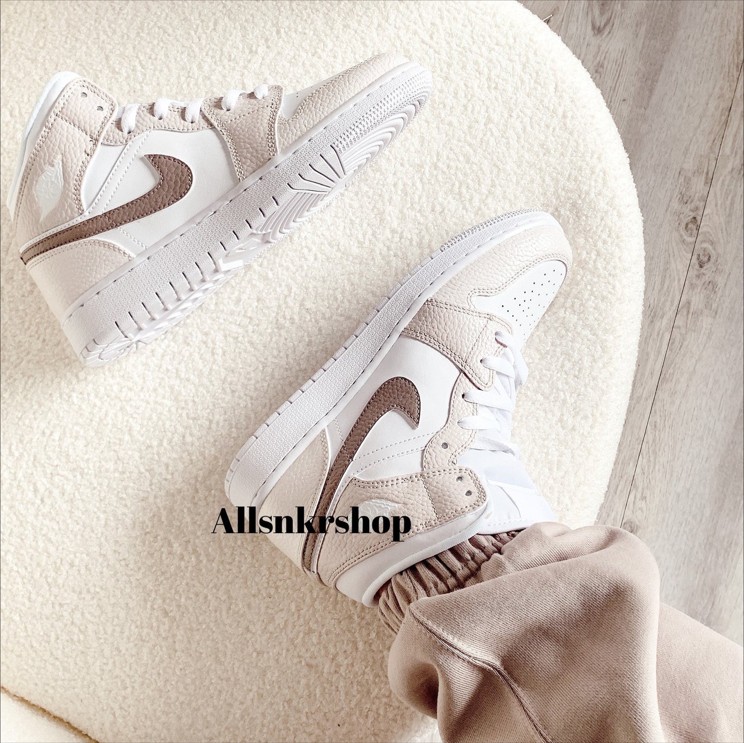 Nike Air Jordan 1 mid custom biege tan color women fashion everyday shoes nike sneakers