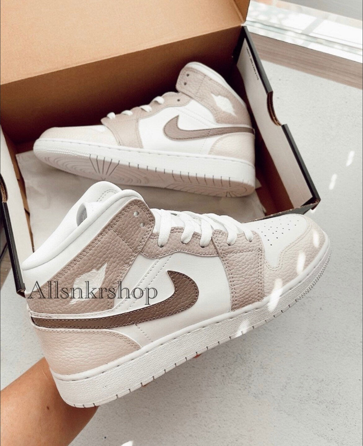 Nike Air Jordan 1 mid custom biege tan color women fashion everyday shoes nike sneakers