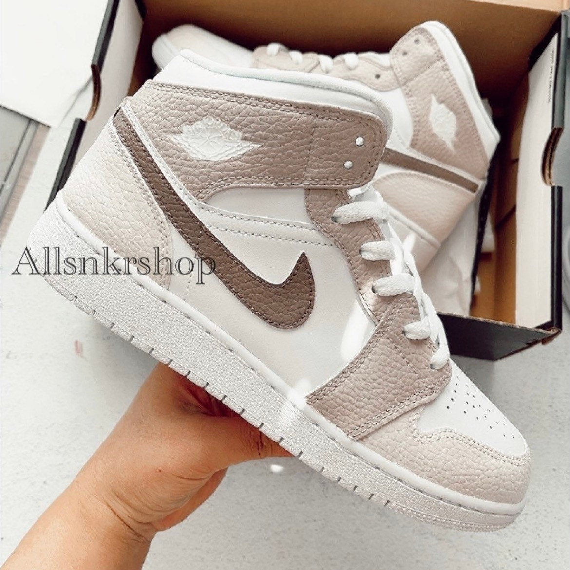 Nike Air Jordan 1 mid custom biege tan color women fashion everyday shoes nike sneakers