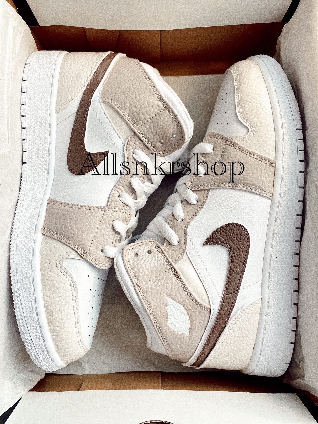 Nike Air Jordan 1 mid custom biege tan color women fashion everyday shoes nike sneakers